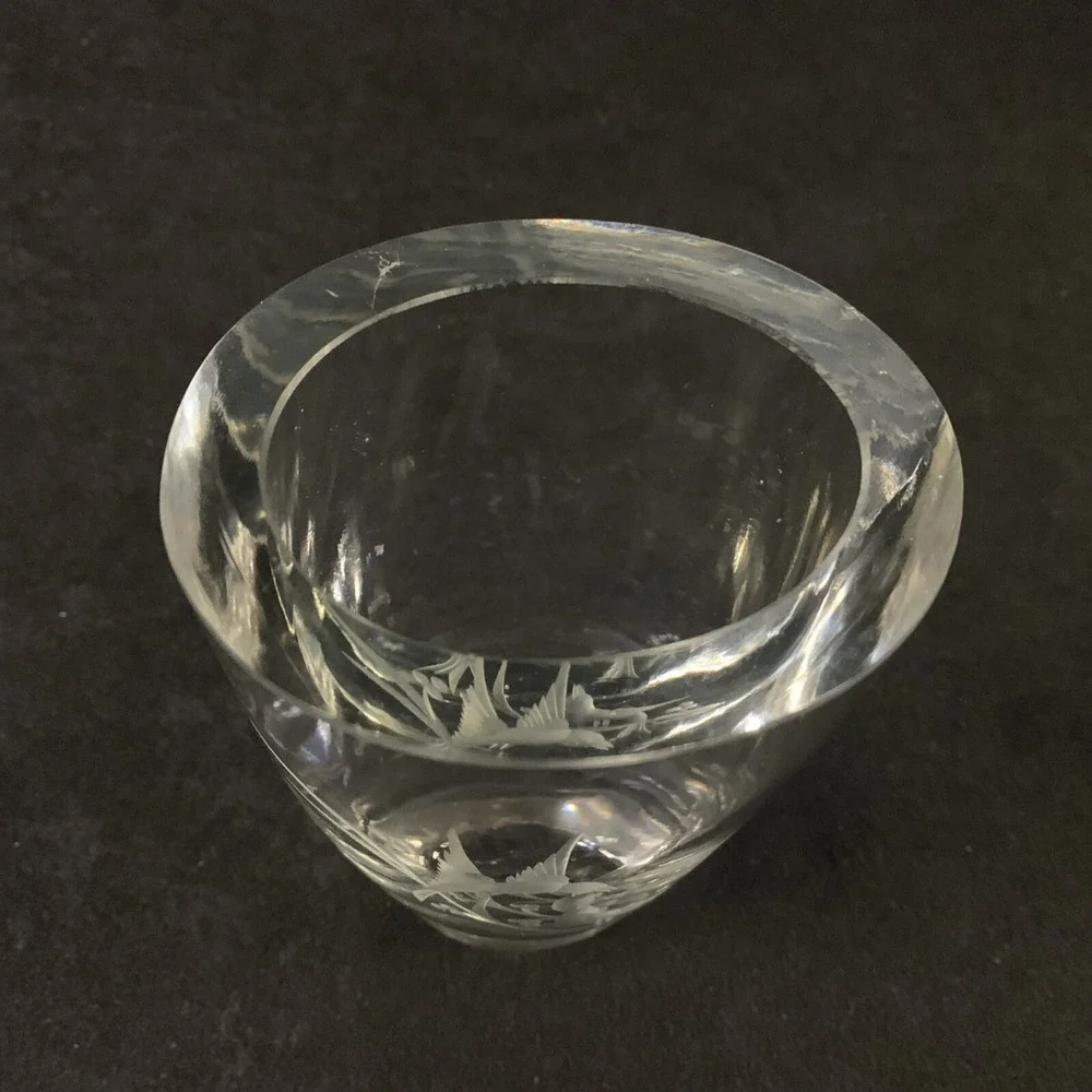 Vintage Art Glass Vase Etched Birds on Branch Oval Heavy Clear 6.5in MCM